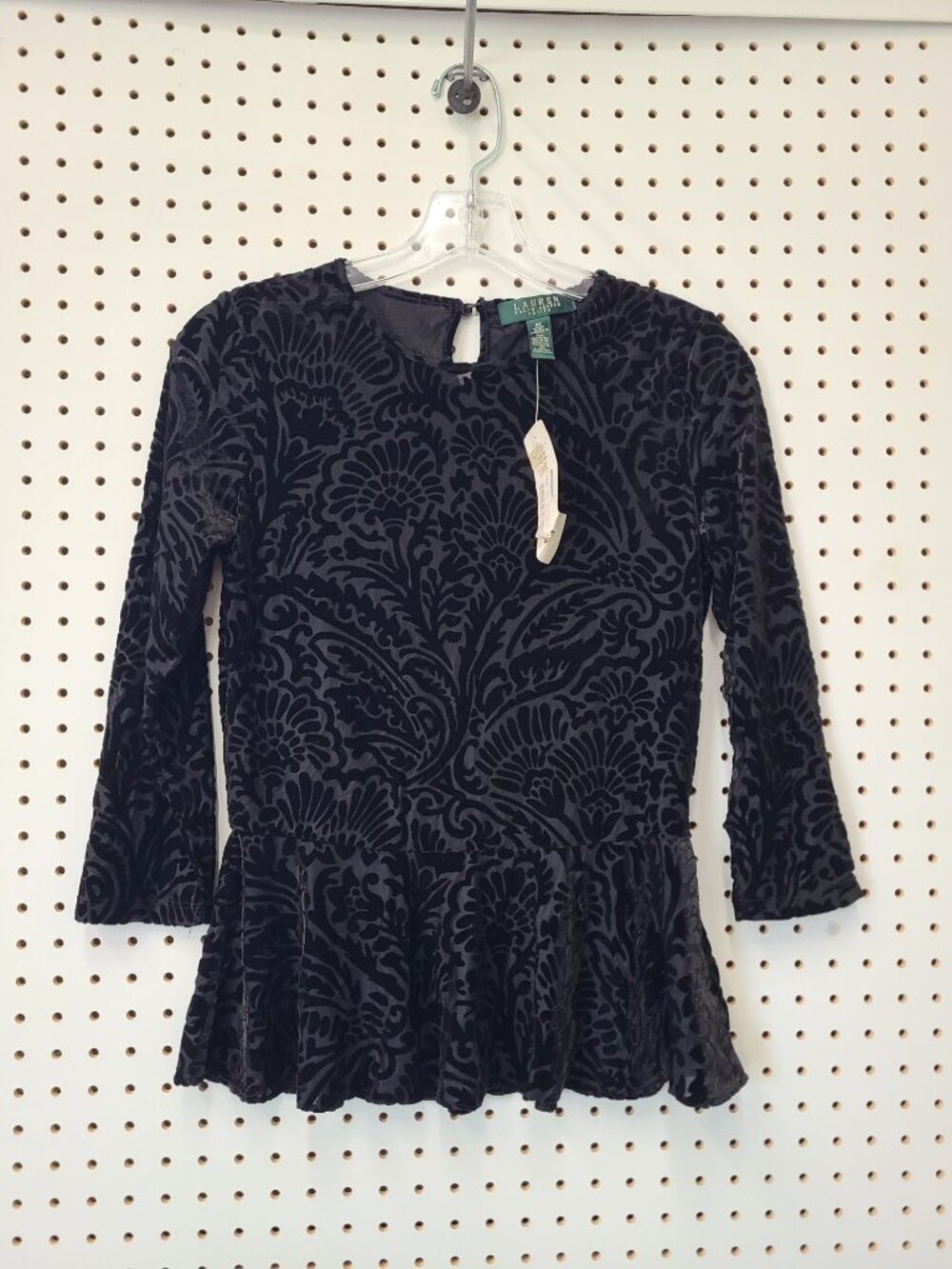 Lauren Ralph Lauren Black Velvet Floral Embossed Peplum Top PS Petite Small